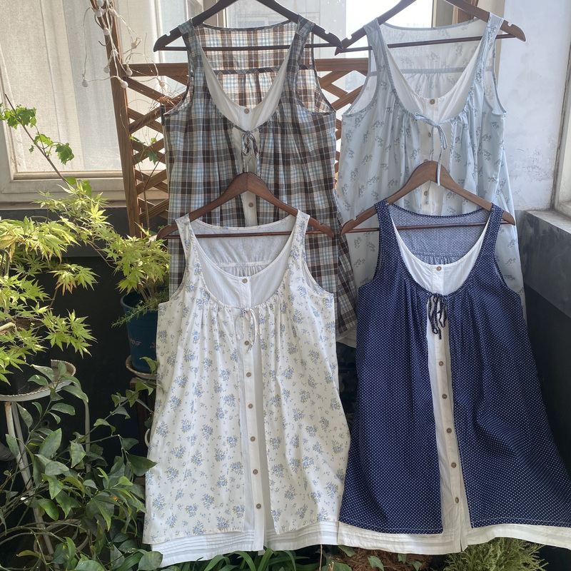 【 LAOSHU 】Handmade Replica Vintage Two-Piece Style Blue Plaid Polka Dot Cotton Lace-Up Sleeveless Vest Top