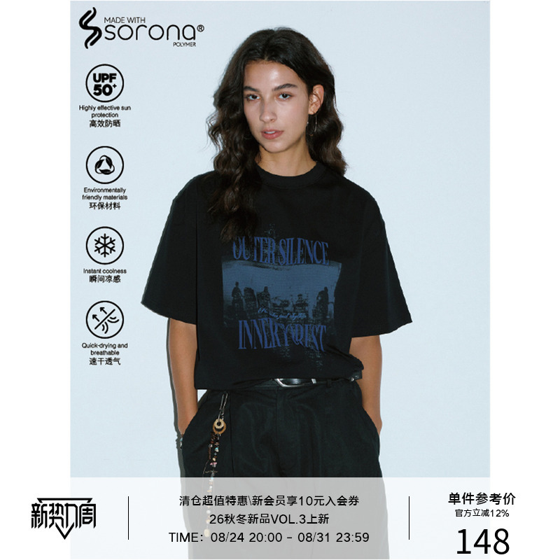 Lr Made 26Ss Cooling Sorona ®   Unrealistic Contrasting Color Band Slogan Pattern Printed Short-Sleeved T-Shirt