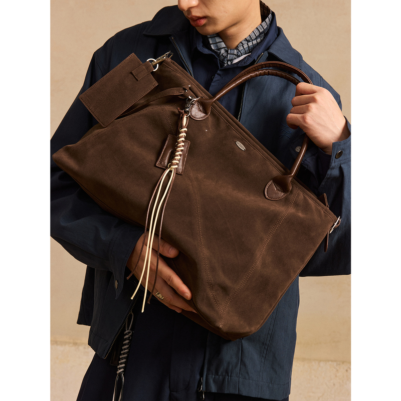 Lr Made Fine Suede Leather Hand-Held Cross-Body Shoulder Travel Tote Bag with a Small Coin Purse