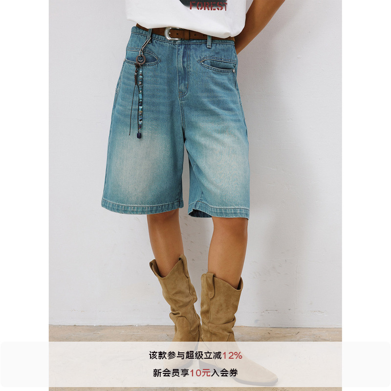 Lr Made 26Ss Front and Back Irregular Pocket Openings, Rivet Decoration, Vintage Washed and Distressed Denim Shorts