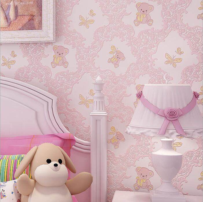 Children's wallpaper environmental cartoon bear boy and girl bedroom cute pink princess 3D non - woven wallpaper