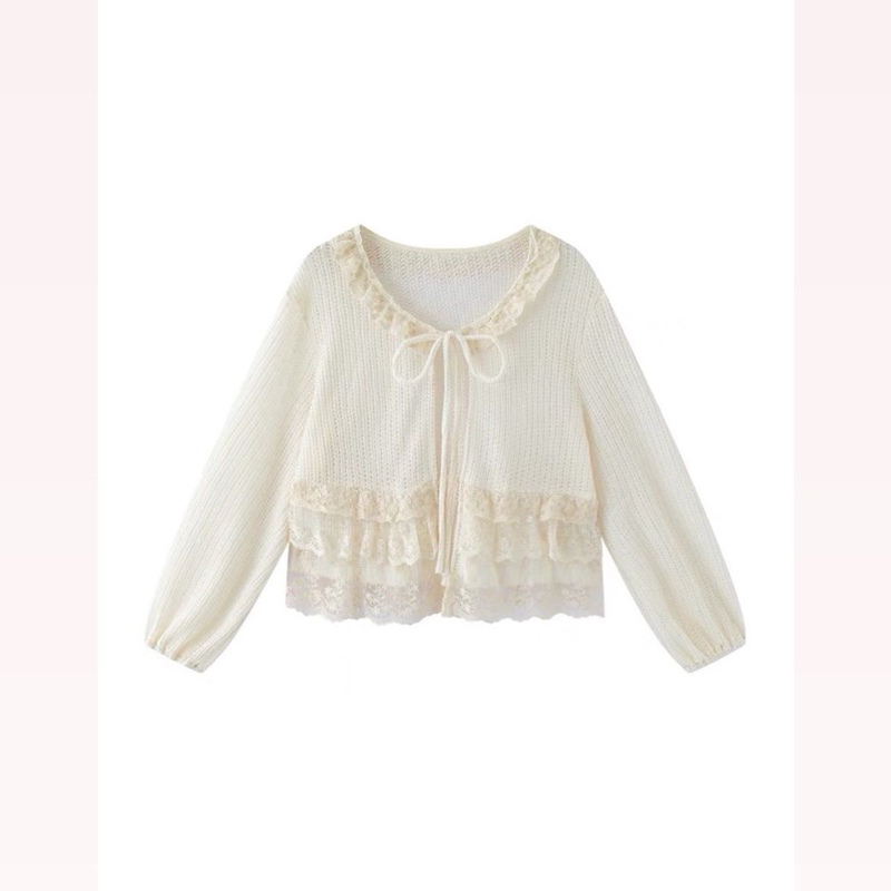Autumn New Versatile Short Coat Knitted Sweet Girly Lace Trim Design Sun Protection Cardigan