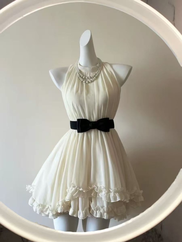 Unique and Super Stylish Vintage-Style Sweet Halter Neck Sleeveless Bow-Tie Waist-Cinching Slimming Solid Color Fairy-Like Short Dress