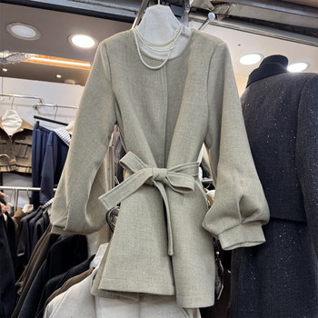 Round neck lantern sleeves lace-up waist slimming mid-length woolen coat for women 2025 autumn korean style temperament versatile coat