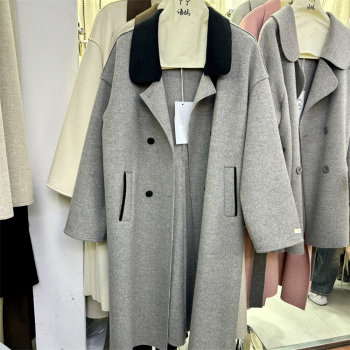 South korea's dongdaemun 2025 autumn and winter korean version contrasting color stitching double-breasted loose casual mid-length knee-length woolen coat