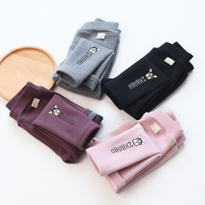 Children plus suede embroidered inner lap pants autumn winter integrated suede male and female warm casual pants baby pure cotton thickened pants