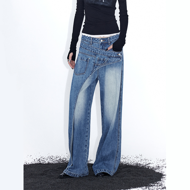 【Celebrity Style】Ourhour Asymmetrical Patchwork Washed Blue Deconstructed Design Loose Skirt-Style Jeans 【Celebrity Style】Ourhour Asymmetrical Patchwork Washed Blue Deconstructed Design Loose Skirt-Style Jeans