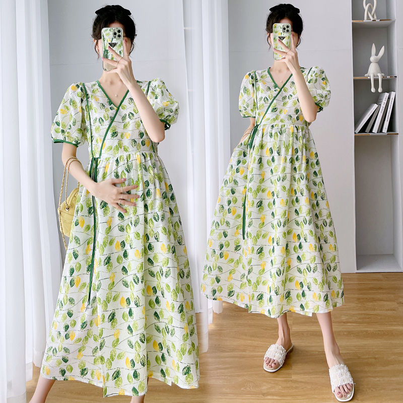 British Dhwa Maternity Dress Summer New Large Size Fashionable V Neck Over-The-Knee Loose Floral Long Dress Trendy Mom