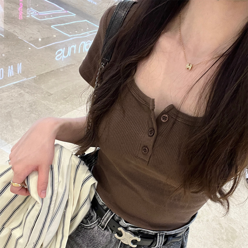 American-Style Regular Shoulder Ribbed Basic Short-Sleeve T-Shirt for Women, New Summer Model, Revealing Collarbone, Sexy and Trendy, Short Top ins