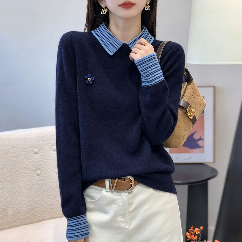 College Style Striped Patchwork Polo Collar Knitwear for Women 2026 Autumn and Winter Wool Sweater Niche Style Lapel Top College Style Striped Patchwork Polo Collar Knitwear for Women 2026 Autumn and Winter Wool Sweater Niche Style Lapel Top