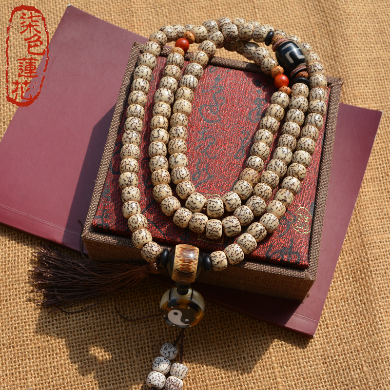 Tibetan-Style Bloodline Bodhi 108 Beads Star-Moon Bracelet Buddhist Prayer Beads Gold-Threaded Bodhi Seed Necklace for the Year of Birth