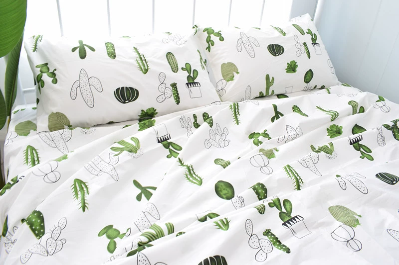 Cây xương rồng mọng nước Cây xanh Bắc Âu in bông vải chéo giường chăn gối có thể được tùy chỉnh ba hoặc bốn bộ ga nệm