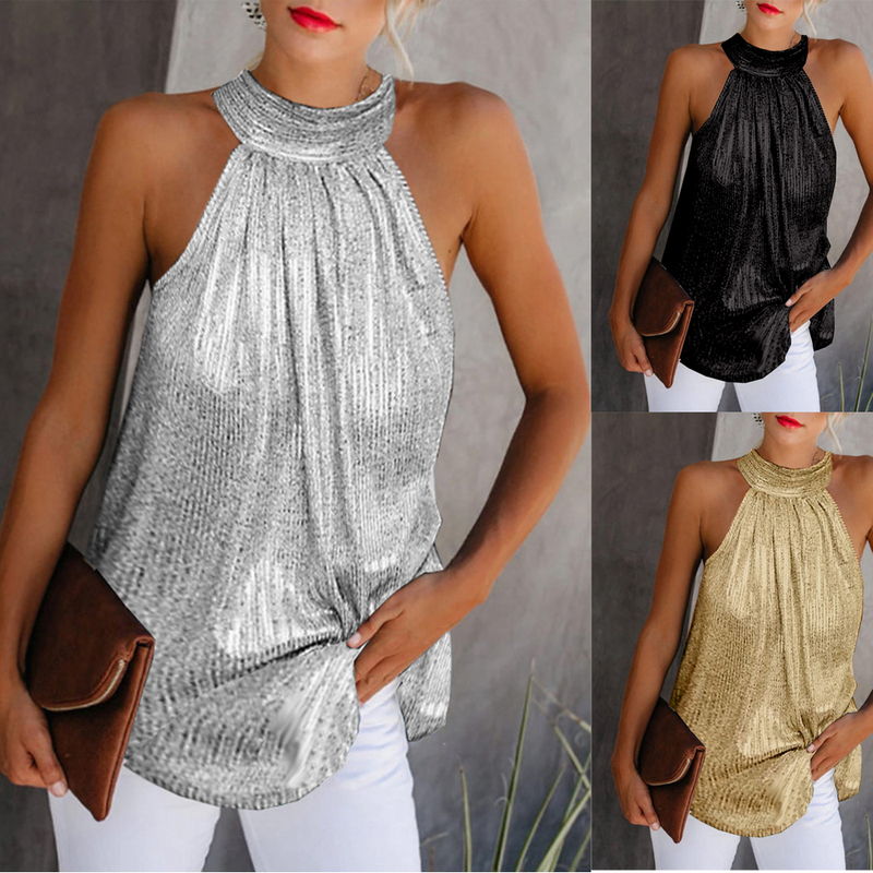 Cross-Border Ebay Aliexpress European and American Women's Fashion Double Silver Halter Neck Zipper Sleeveless T-Shirt Casual Top