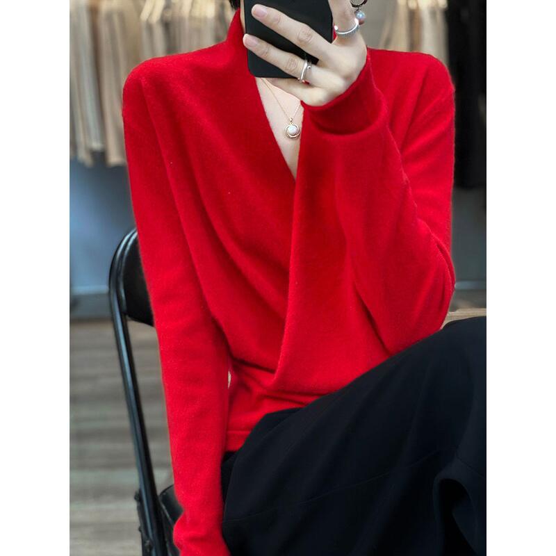 New Autumn and Winter Cross V-Neck Wool Sweater for Women, Long-Sleeved Loose Kimono Sweater, Pure Wool Base Knitwear New Autumn and Winter Cross V-Neck Wool Sweater for Women, Long-Sleeved Loose Kimono Sweater, Pure Wool Base Knitwear