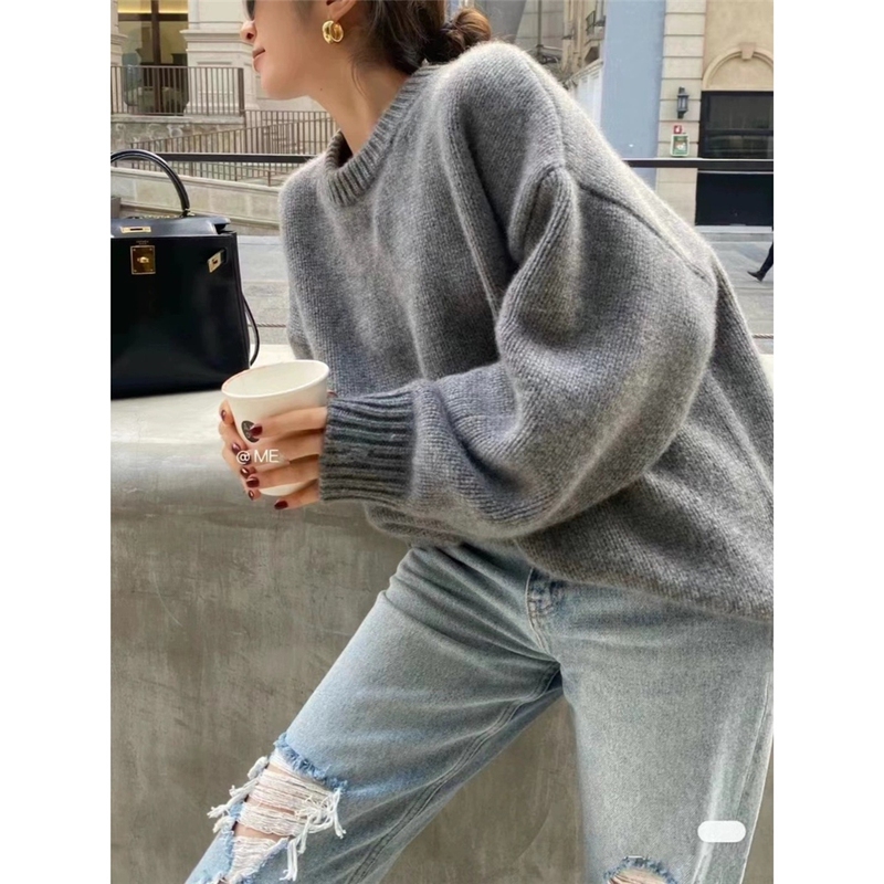 New Autumn and Winter Style 100% Pure Wool Sweater, Lazy Style Gray Round Neck Pullover Sweater for Women, Loose Silhouette Knitwear