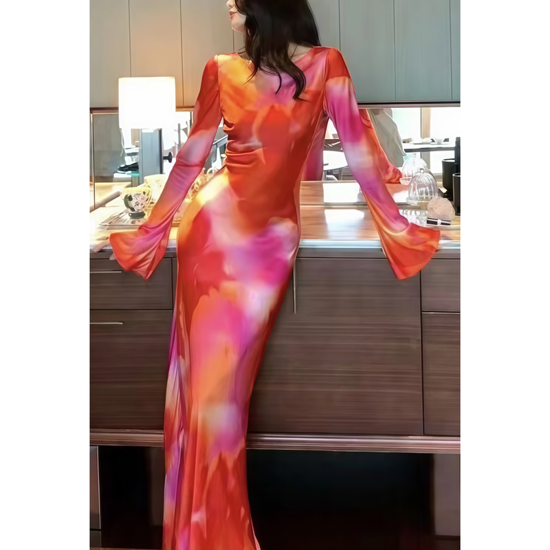 2025 Summer New Style Elegant and Fashionable Design Satin Gradient Color-Blocking Long-Sleeve Slimming Long Dress for Women