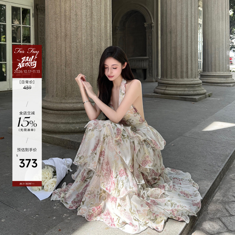 For Fay Morning Dew Rose Garden/French Resort Style Printed Halter Chiffon Tiered Long Dress Women's V-Neck Dress