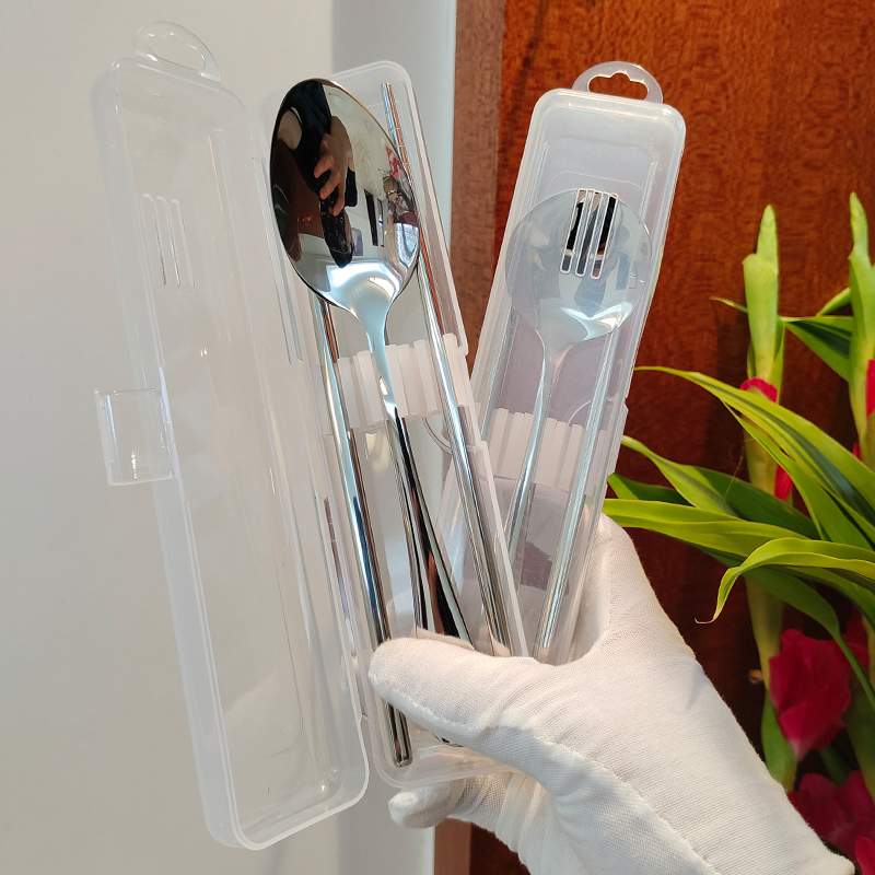 German-Style Three-Piece Set 304 Stainless Steel Spoon Fork Outdoor Portable Cutlery Set Chopsticks Storage Box for One Person