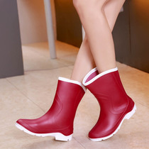 Mid-tube rain boots womens non-slip thickening wear-resistant waterproof shoes fashion youth cute rubber boots can add fleece socks to keep warm