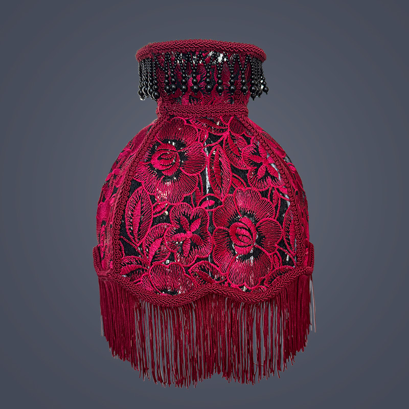 Vintage Lace Embroidered Table Lampshade with Red Tassel Decoration, Hand-Woven Bohemian Style