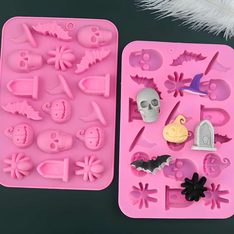 18-Piece Halloween Element Mold Set with Skull and Spider Themes for Chocolate Candy Silicone Mold Cake Decoration Mold