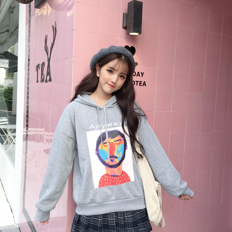 VK旗艦店 韓系抽象畫人物紋印花連帽T恤套頭長袖上衣