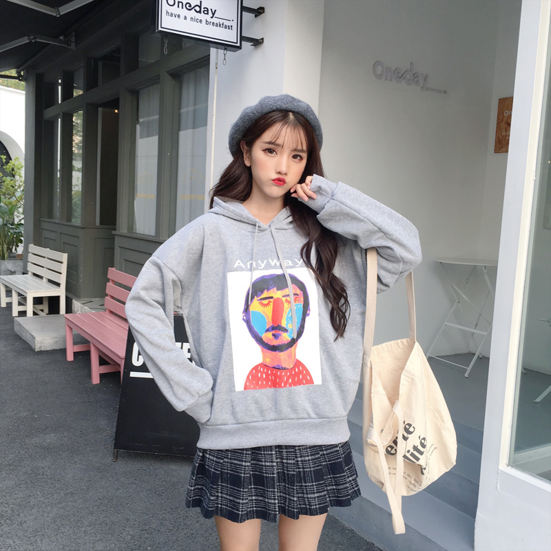 VK旗艦店 韓系抽象畫人物紋印花連帽T恤套頭長袖上衣