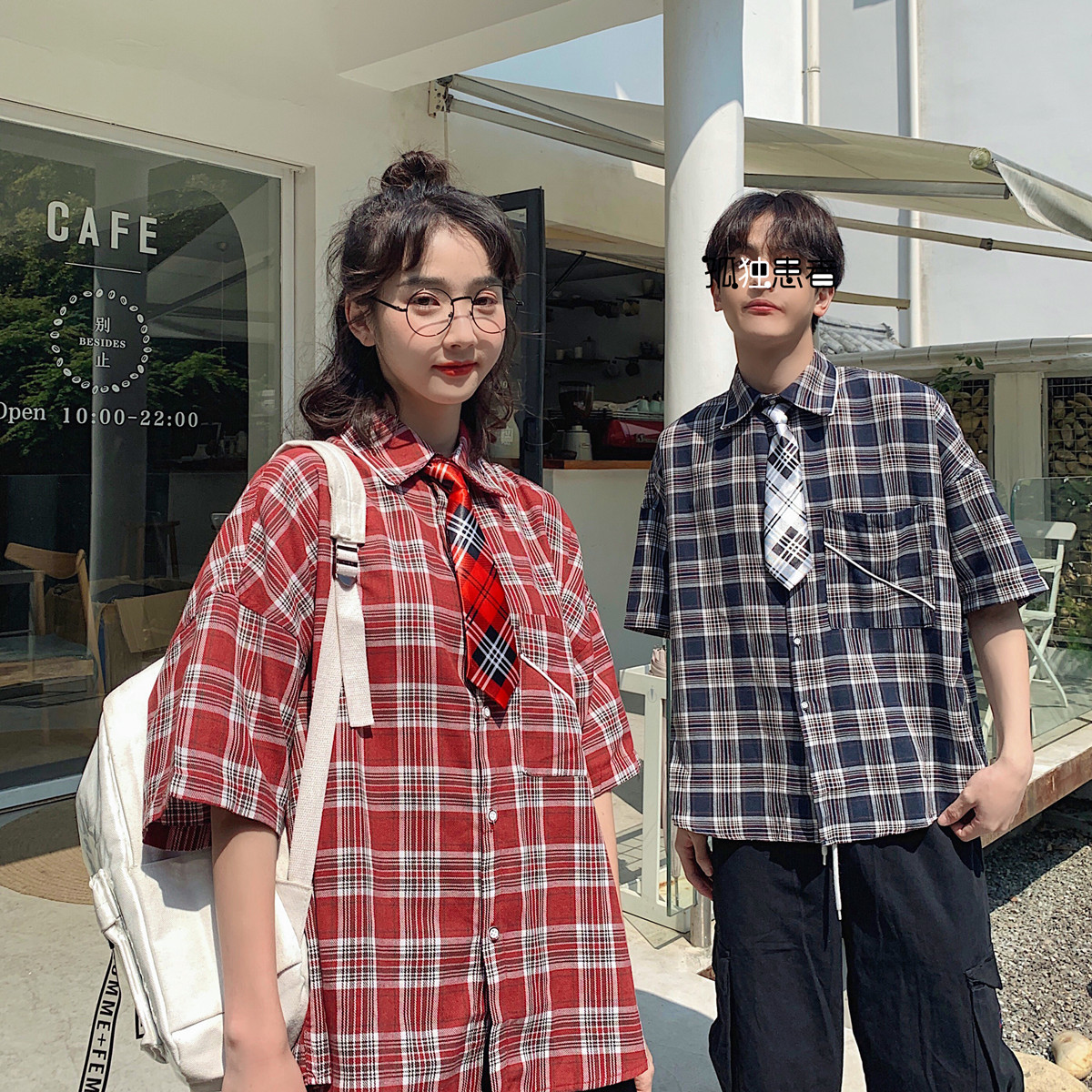 Real shot with tie summer couple retro BF style sub shirt student Plaid half sleeve shirt