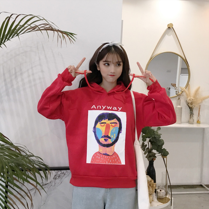 VK旗艦店 韓系抽象畫人物紋印花連帽T恤套頭長袖上衣