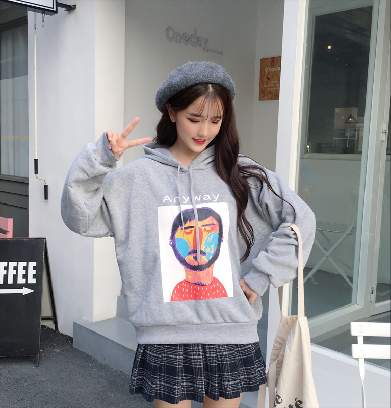 VK旗艦店 韓系抽象畫人物紋印花連帽T恤套頭長袖上衣