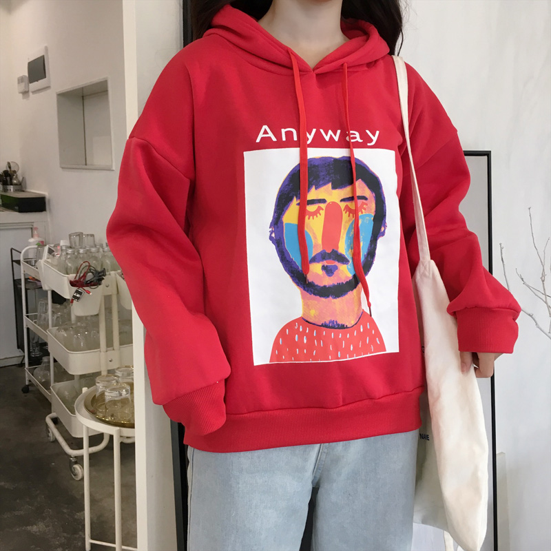 VK旗艦店 韓系抽象畫人物紋印花連帽T恤套頭長袖上衣