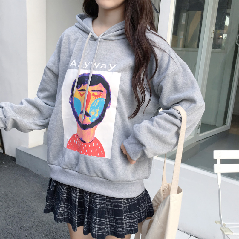 VK旗艦店 韓系抽象畫人物紋印花連帽T恤套頭長袖上衣