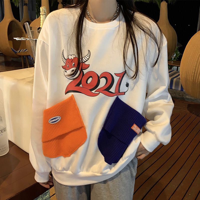 Real shot design stitching color contrast printing loose long sleeve sweater women's wear