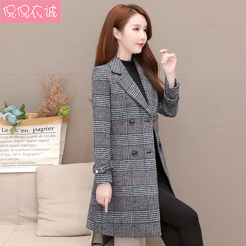 2022 autumn plaid casual trench coat women's mid-length edition small man suit tweed coat double-breasted large size coat