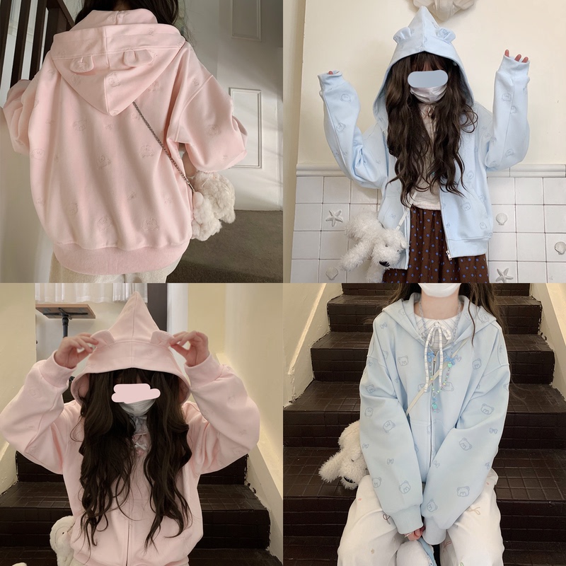Original Design Embroidered Bear Bow Sweatshirt Jacket Zipper Hooded Cardigan Sweatshirt Jacket 2026 Autumn New