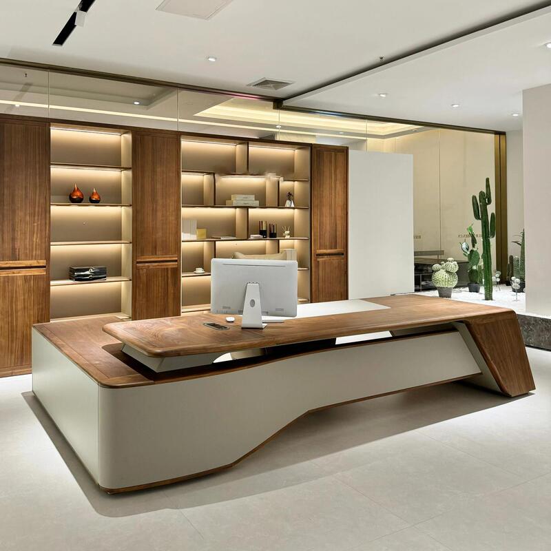 New Chinese-Style Executive Desk, Solid Wood Executive Desk, Chairman's Desk with Side Table, Light Luxury, High-End Feel, Black Walnut Wood Office Desk and Chair