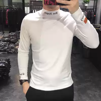 2020 winter New Stretch Slim body plus velvet collar base shirt men fashion trend middle collar long sleeve casual T-shirt