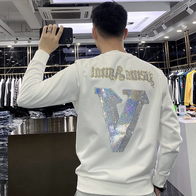 Han version of trendy clothing men's 2021 autumn and winter new pure cotton thick embroidery high-end round collar bronzed and drilling casual long sleeves bottom