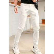 Mens white jeans 2021 spring and summer new elastic slim feet casual fashion trend hot diamond mens pants