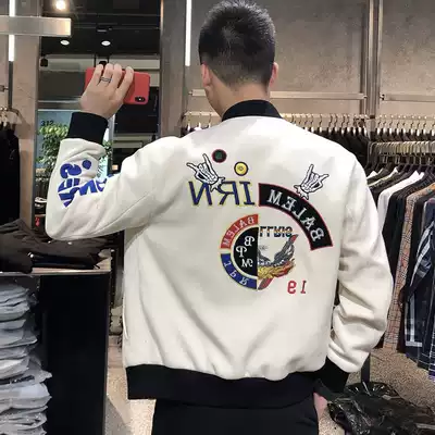 Winter new fashion trendy brand thin cotton embroidery Baseball Leader fit corduroy jacket white coat men
