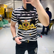 Short sleeve T-shirt mens Tide brand mens youth stripes trend summer half sleeve leisure European and American hot diamond print T-shirt