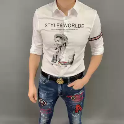 White shirt men's 19 autumn tide brand stretch slim-fitting white shirt European station youth handsome long-sleeved printed shirt