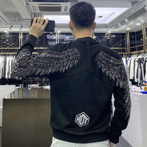 Mens surges necropolis 2021 autumn and winter new personality trend casual round collar bronzed drilling wing round collar pure cotton beat