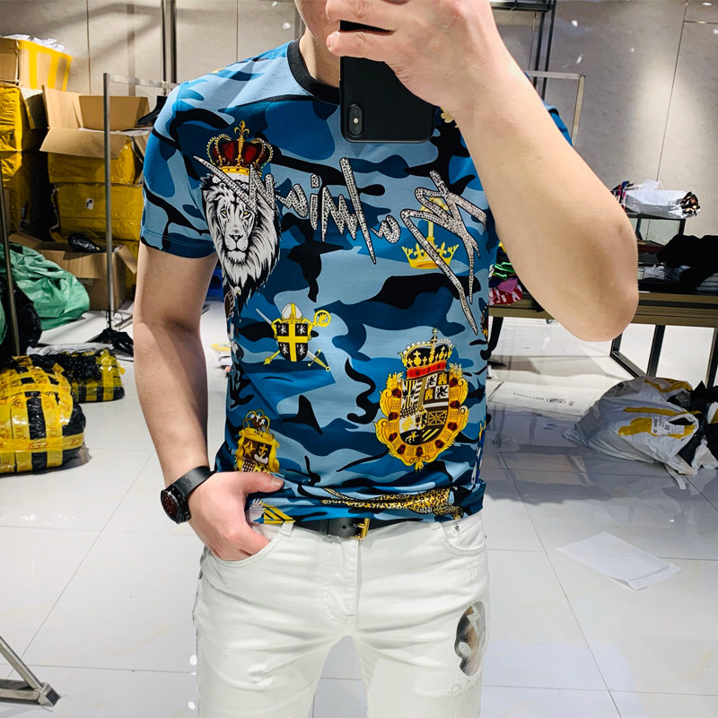 Short sleeve men's 2020 summer new double silk light cotton boomer camouflawless printed bronzed and drilled T-shirt with a handsome and half-sleeve T-shirt