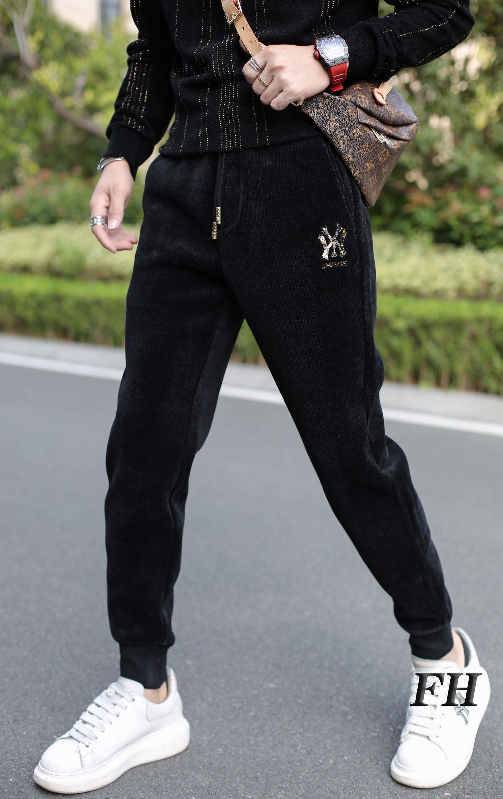 Tide Card Casual Pants Men 2021 Winter new gush fit pants tightness waist trendy Han version bunches Sports thick cotton pants