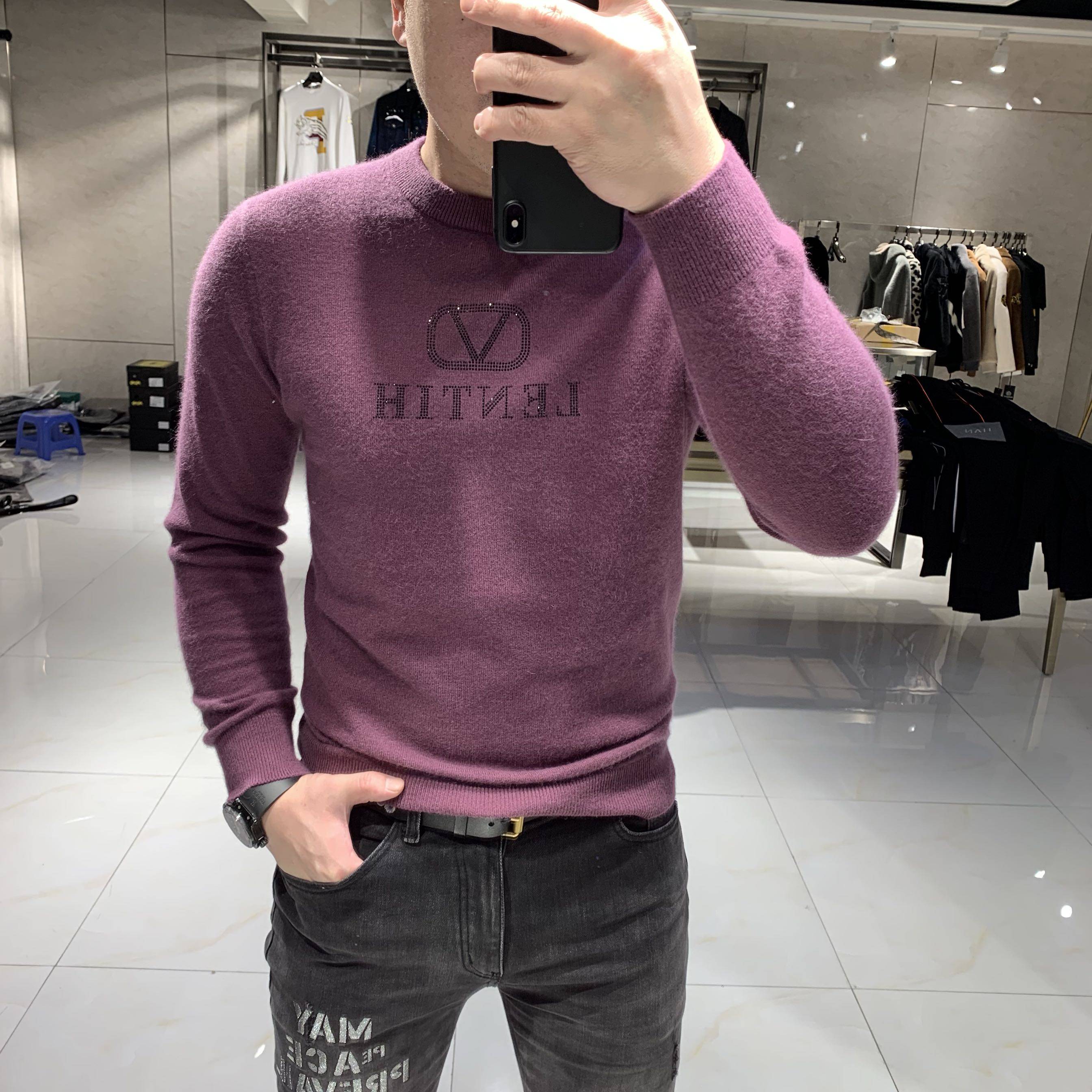 2021 Winter New handsome casual fashion hot diamond color round neck mink sweater Korean slim sweater