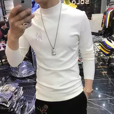 2021 autumn and winter New elastic slim long sleeve T-shirt plus velvet hot diamond Tide brand leisure Joker collar base shirt men
