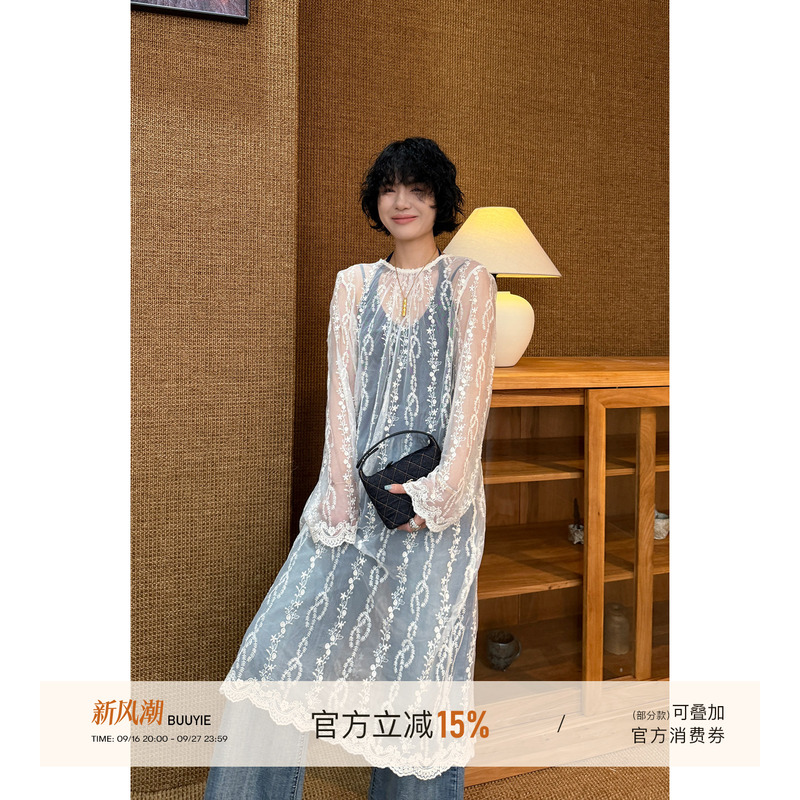 Buuyie Lace Embroidered Long Sleeve Blouse for Women, Autumn Mid-Length Mesh Hollow Sheer Overlay Dress Buuyie Lace Embroidered Long Sleeve Blouse for Women, Autumn Mid-Length Mesh Hollow Sheer Overlay Dress