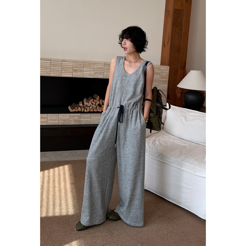 Buuyie Drawstring Waist Jumpsuit Women's Summer Thin Sleeveless Wide-Leg Jumpsuit