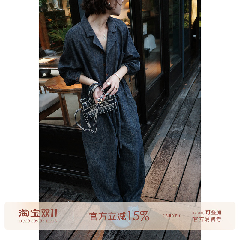 Buuyie Old Style Cotton and Linen Denim Jumpsuit for Women, Autumn Fashion Loose One-Piece Romper